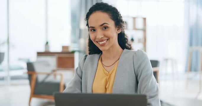 Office, happy and business woman with laptop at desk for research, online project and internet. Corporate workplace, professional and portrait of female worker with motivation, pride and computer