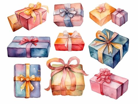 Gift boxes collection. Hand drawn watercolor gift box set isolated on white background with design elements. generative ai