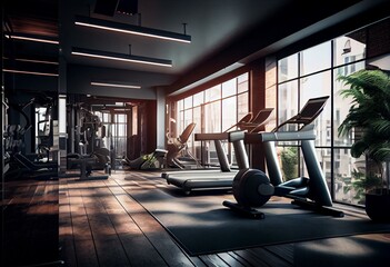 Naklejka na ściany i meble Body Building Center With Exercise Machines Integrated Inside a Penthouse Recreation Area - 3D Visualization. Generative AI