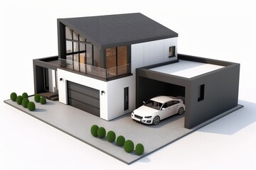 A modern house with a garage on white background isolated