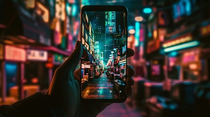 Fototapeta na wymiar Hand Holding a Smartphone, Showing a Pictorial of the City at Night, Colorful Japanese Street Scenes. “Generative AI”