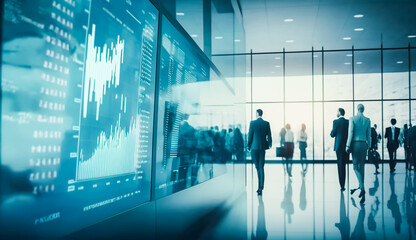 Fototapeta na wymiar Blured business people in stock market white and glass office with big monitor of stock market number running and graph on wall, fast moving, AI generative