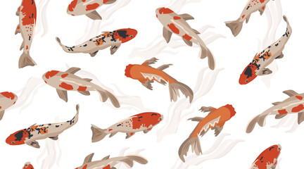 Seamless vector with goldfish and algae in a horizontal view. Image of fish with different colors