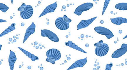 Seamless image of a shell in a horizontal view. Vector pattern with blue shells of different types with water bubbles.