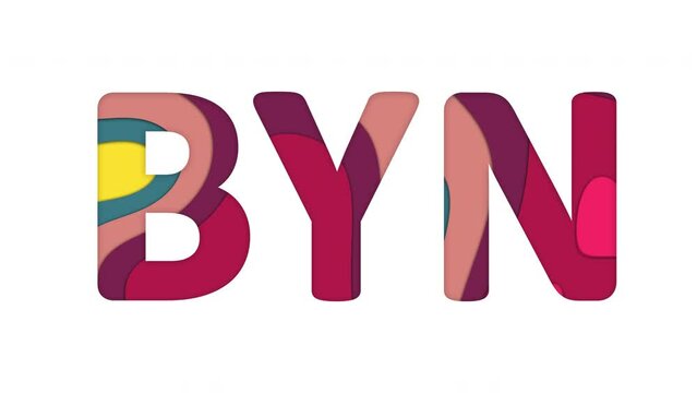 Multi-colored inscription ISO code currency BYN with colored spots floating inside. Looped from frame 120 to 839, Alpha BW at the end