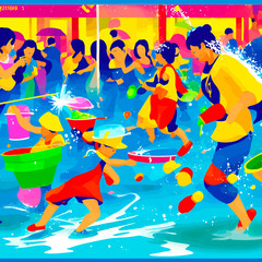 Songkran splashing water on each other with buckets, water guns, or other water-spraying devices