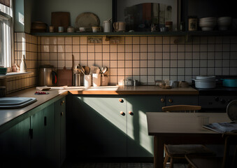 A kitchen with a window and a stove. The kitchen is dark and the sun is shining through the window