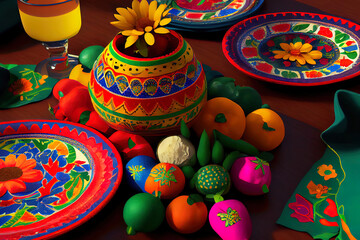 Mexican fiesta table decoration with colorful mexican table runner. Generative Ai