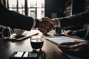 Fototapeta na wymiar Businessmen handshake - business meeting and partnership concept. Generative ai.