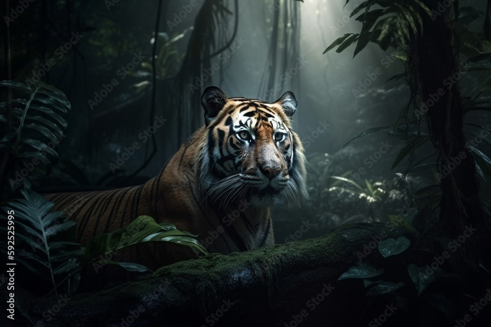 Wall mural tiger in dark jungle. generative ai