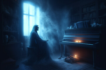 Grim reaper in haunted, creepy house. Generative ai