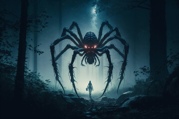 big spider monster in misty forest at night. Arachnophobia and nightmare. Generative AI illustration
