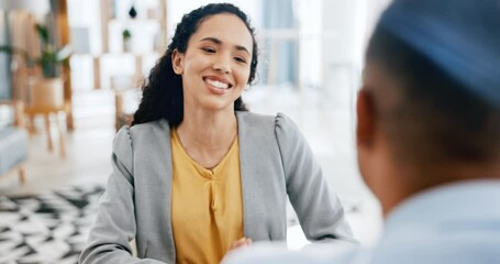 Business people, interview and meeting for recruitment, collaboration or partnership at the office. Businessman and woman talking in hiring or recruiting process for company growth at the workplace