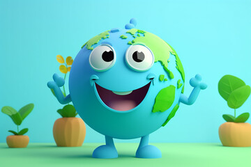 Cute, happy Earth character standing on blue background. Generative Ai