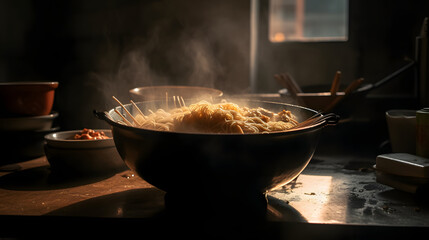 A bowl of noodles with a spoon in it is sitting on a table. The steam from the noodles is rising, creating a cozy and comforting atmosphere - obrazy, fototapety, plakaty