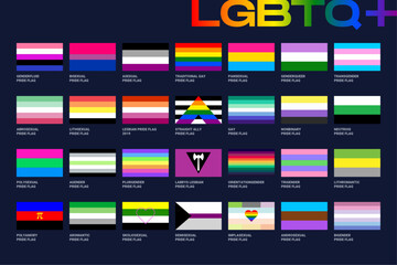 Fototapeta na wymiar LGBT sexual identity pride flags gender collection. Flag of gay, lesbian, transgender, bisexual. Vector Illustration