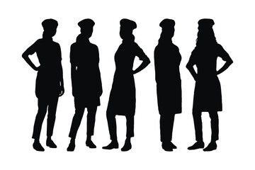 Female bakeries silhouette set standing in different positions. Girl bakery wearing uniforms silhouette vector collection. Bakery woman silhouette bundle. Female model standing silhouette vector.