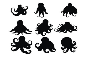 Octopus with long tentacles silhouette set vector. Octopus icon silhouette design collection. Sea creatures silhouette bundle with tentacles. Squid with tentacles silhouette on a white background.