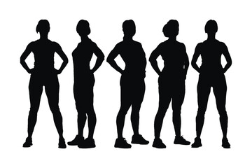 Female bodybuilder silhouette standing in different positions. Gym girl silhouette with different poses. Woman weightlifter and bodybuilder silhouette with muscular bodies. Female gymnast silhouette.