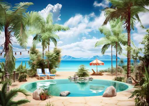 A tropical beach scene with palm trees and a pool. The pool is surrounded by chairs and an umbrella