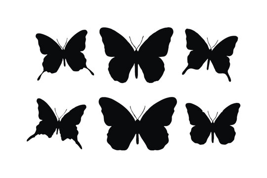 Cute butterflies flying silhouette collection. Butterfly silhouette bundle on a white background. Butterflies silhouette in different poses. Monochromatic butterflies flying in different positions.