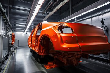 Plakat robot, with fresh coat of paint, in busy automotive factory, created with generative ai