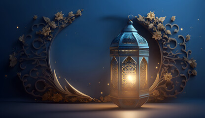 Fototapeta Eid ul fitr eid Ornamental Arabic lanterns with burning candles glowing at night. Plate with date fruit on the table. Festive greeting card, invitation for Muslim, Generative AI obraz