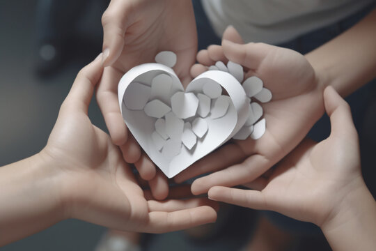 White paper hands holding heart shape paper family cutout, foster care, homeless support, world mental health day, Autism support,  Generative AI	
