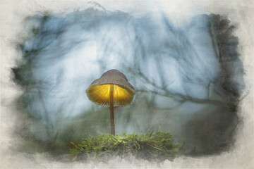 Digital watercolour painting of fantasy glowing mushrooms in an enchanted forest.