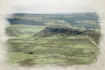 A digital watercolour painting of the ancient Iron Age hill fort Carl Wark near Higger Tor in the Peak District.