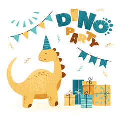 Cute dinosaur with  flags, gifts and inscription “Dino party”. Set for greeting cards, posters, t-shirts, birthday party or children room decoration. 
Vector illustration isolated on white background