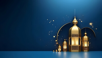 Eid ul adha eid Ornamental Arabic lanterns with burning candles glowing at night. Plate with date fruit on the table. Festive greeting card, invitation for Muslim, Generative AI