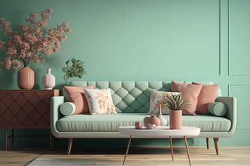 Modern creative interior design in green studio with plant pot and sofa. Pastel blue and pink color background. generative ai