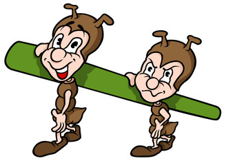 Two Brown Ants Carrying Green Stalk