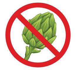 Vector circle forbidden sign with hand drawn artichokes isolated from background. Allergy danger. Red prohibited sticker