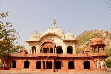 Fototapeta na wymiar City palace and lake (green pond) in Alwar. Rajasthan, India 