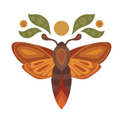 Vector mystical illustration of a moth with the moon and leaves. Colorful sacral mole clipart. Flat hand drawn picture of a flying insect © veleri_kz
