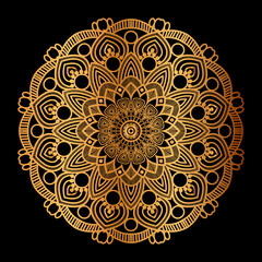 golden mandala design with a black background.