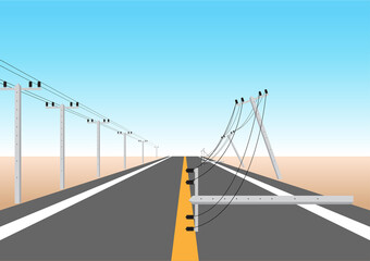 Broken Electric Pole. Storm Damaged to Electric Pole on the Road. Vector Illustration.