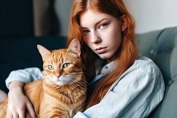 Pet Love - Woman Bonding with Her Cat on the Sofa (AI generated)