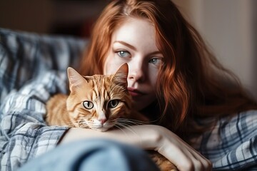 Woman and Cat Lounging on the Sofa, Cozy Indoor Scene (AI generated)