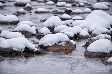 Stones with snow caps in the water of Altai Biya river under heavy snow in winter season