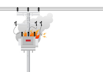 Electric pole and and Electric transformer broken with fire spark. Electric pole. Power Poles. Electric Power transmission. Vector Illustration Isolated on White Background.