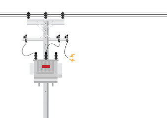 Electric pole and and Electric transformer damage and broken with Short Circuit Spark. Electric pole. Power Poles. Electric Power transmission. Vector Illustration Isolated on White Background.