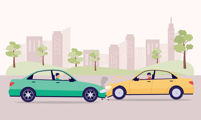 Fototapeta na wymiar Two Car Drivers Going In Opposite Direction And Collide Head On In A Road Accident At The City. Flat Design Style, Character, Cartoon.
