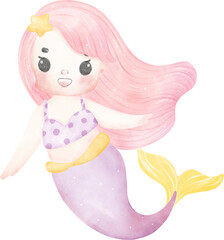 Cute colorful watercolor little mermaid kid cartoon character hand painting