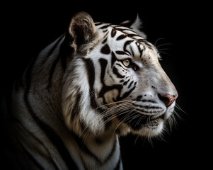 Detailed portrait of white tiger face, isolated on black background. generative ai
