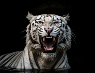 Detailed portrait of a white tiger's face that is roaring and soaking in the water, isolated on black background. generative aii