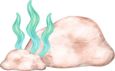 Cute watercolor coral reef with brown stone rock cartoon hand painting © Natsicha