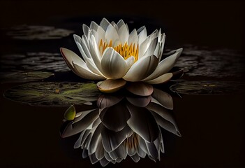 lotus flower or water lily in the pond dark background. Generative AI - obrazy, fototapety, plakaty